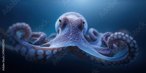 Octopus underwater closeup with detailed texture and tentacles spread in deep blue ocean environment, marine animal swimming and exploring natural habitat.