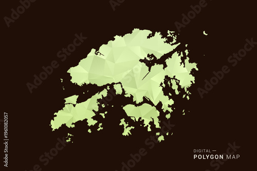 Hong Kong Map - Low poly polygon map in soft light green gradient on dark brown background, modern minimal geometric style, clean abstract vector illustration design.