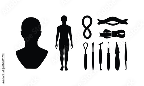 Silhouettes of human figures and hairdressing tools on white background