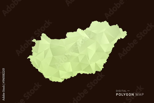 Hungary Map - Low poly polygon map in soft light green gradient on dark brown background, modern minimal geometric style, clean abstract vector illustration design.