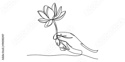 one line drawing of hand holding flower