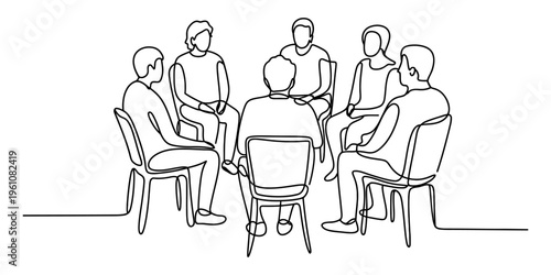 Continuous line drawing of people sitting in a circle