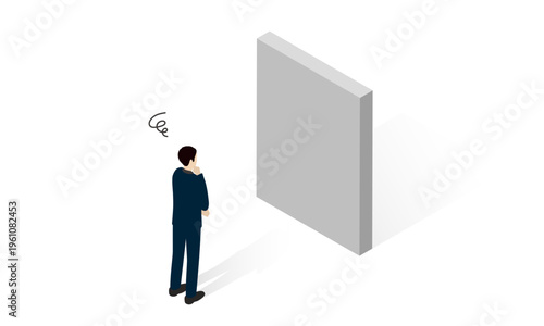 Business Challenge Concept with Man Thinking in Front of Barrier Isometric Illustration