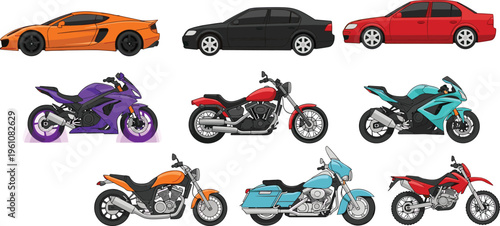 Collection of colorful vehicle illustrations including cars, sport sedans, cruisers, touring motorcycles, dirt bikes, and sportbikes, perfect for transportation, automotive, education,