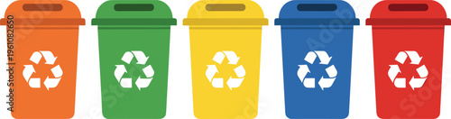 Recycling bins set with colorful waste containers for garbage sorting, eco friendly environmental protection symbols vector illustration isolated