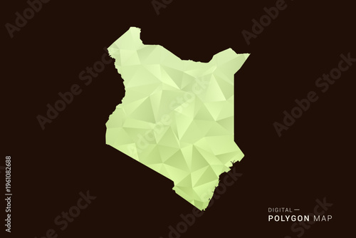 Kenya Map - Low poly polygon map in soft light green gradient on dark brown background, modern minimal geometric style, clean abstract vector illustration design.