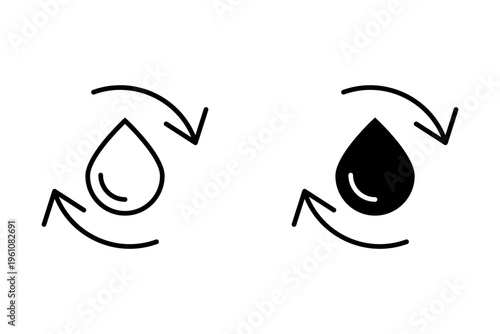 Two simple water drop recycling icons, one filled, one outlined, isolated on white.