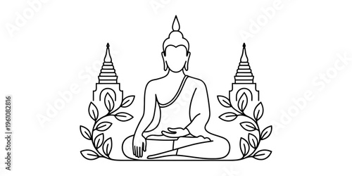 Buddha meditates between two stupas with leaves