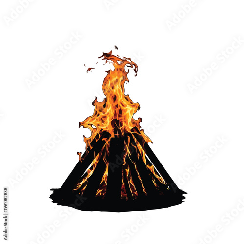 Burning bonfire flame on white background, fiery blaze illustration