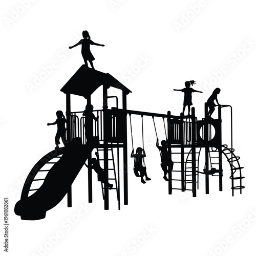 Playful children silhouette on playground equipment with swings and slide on white background