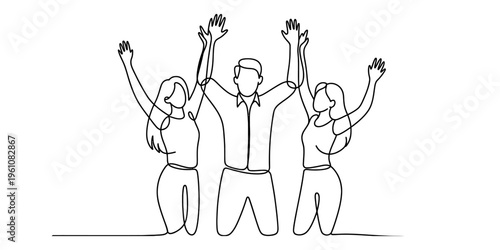 Continuous line drawing of three people celebrating with arms raised
