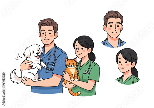 Professional veterinarian characters holding a dog and cat, veterinary clinic staff in scrubs with stethoscopes, pet healthcare vector set