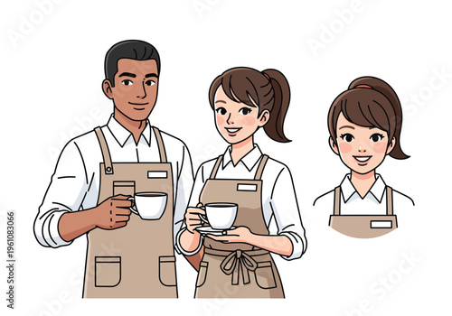 Professional cafe staff vector illustration, smiling baristas in aprons holding coffee cups, diverse restaurant service workers character set
