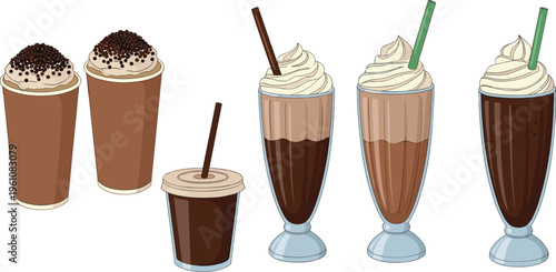 Chocolate milkshake and iced coffee collection with whipped cream, cold cafe beverages in glasses and cups vector illustration set