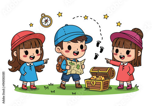 Cute cartoon kids treasure hunt adventure, happy children explorers with map and golden chest, little scouts hiking and finding gold vector