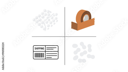 Packaging materials including boxes, labels, and bubble wraps for shipping preparation