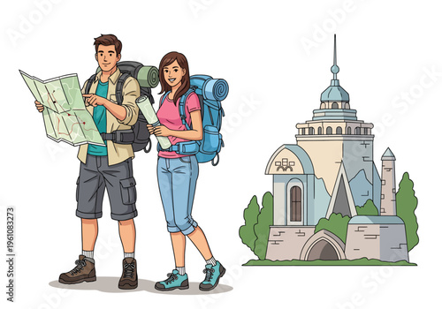 Traveler couple with map and backpacks visiting historic castle, young tourists exploring ancient architecture, hiking and sightseeing vector