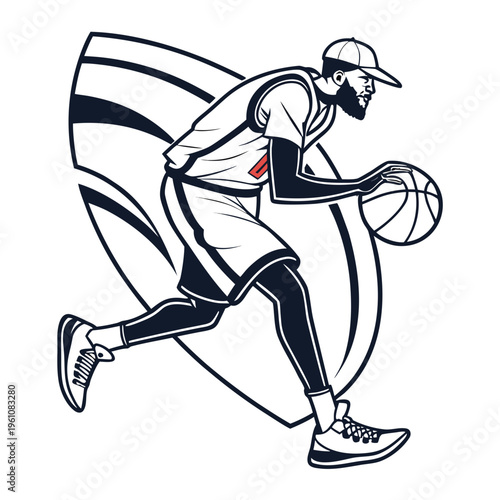 Basketball player dribbling ball with abstract swirls with slam dunk