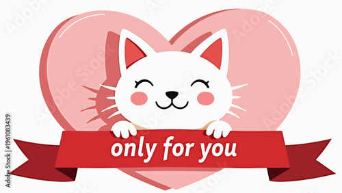 Cute white cartoon cat sitting behind an envelope with a red heart and a message for playful romantic greetings and sweet valentine day design.
