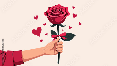 Illustration of hands holding a beautiful blooming red rose for romantic valentine day concepts love declarations and passionate relationship graphics.