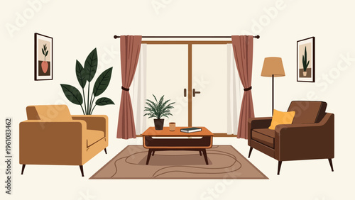 Collection of cozy modern living room interior elements featuring an armchair house plants and wall art for home decor and relaxing lifestyle concepts.