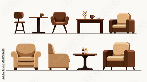 Collection of modern living room furniture featuring a comfortable brown sofa a wooden shelf and green house plants for cozy home interior concepts.