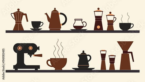 Collection of kitchen shelf decor elements featuring coffee makers ceramic mugs and potted plants for cozy modern home interior design.