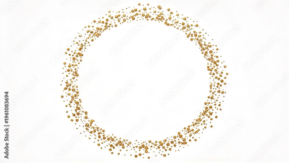 Obraz premium Golden Christmas baubles and stars forming a festive circular frame on white background holiday decoration border for greeting cards banners and seasonal graphic design projects