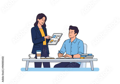 Professional business collaboration vector, female manager showing digital tablet to male employee, corporate teamwork and office mentorship scene