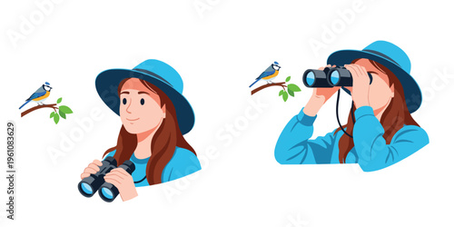 Woman birdwatching with binoculars, nature scene