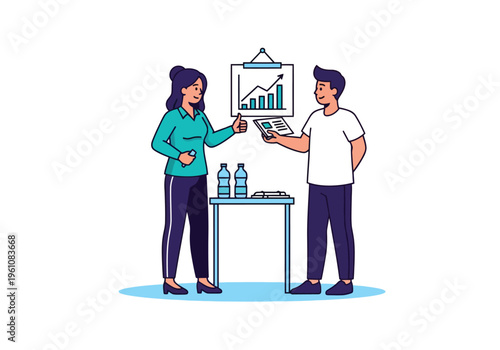 Business presentation vector illustration, corporate colleagues analyzing financial growth charts, professional team meeting with data visualization