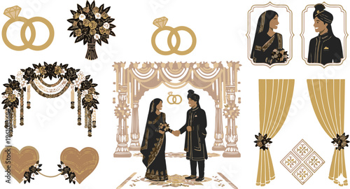 Indian wedding couple and traditional ceremony decorations vector set with bride and groom