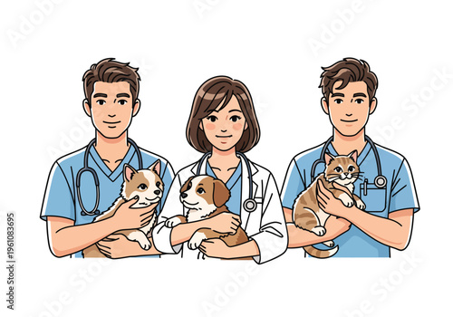 Professional veterinary team illustration, cartoon veterinarians holding cute cat and dogs, medical staff in blue scrubs and white lab coats with stethoscopes