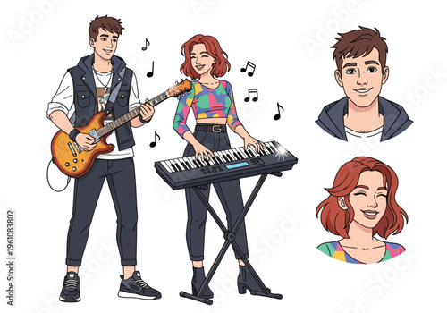 Modern pop music band characters, male guitarist and female keyboard player vector illustration, young musicians performing with instruments
