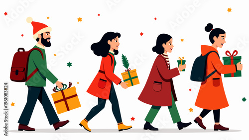 Playful illustration of a group of people dancing happily in winter clothes for joyful holiday celebration concepts and festive seasonal party graphics.