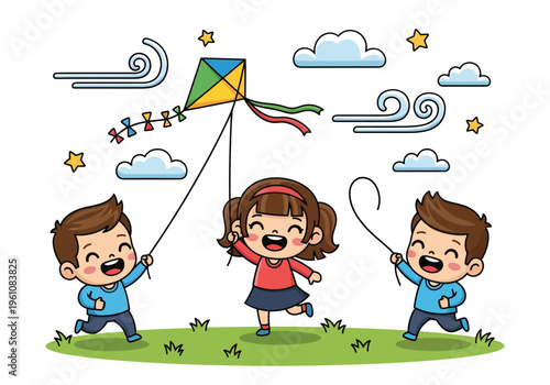 Happy children flying a kite outdoors, cute cartoon kids playing in the park, cheerful childhood summer activity vector illustration