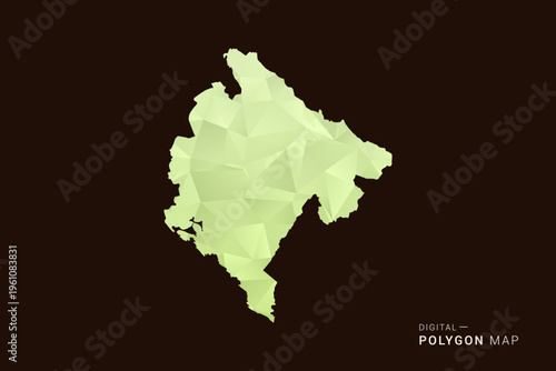 Montenegro Map - Low poly polygon map in soft light green gradient on dark brown background, modern minimal geometric style, clean abstract vector illustration design.