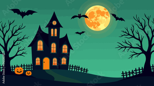 Playful cartoon illustration of a haunted house under a full moon for spooky halloween concepts scary trick or treat design and fun holiday graphics.