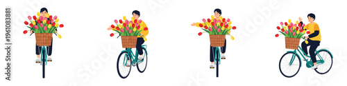 Person cycling with tulips in basket, multiple poses