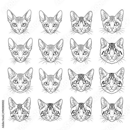 Cat Faces Outline Drawing Collection Showcasing Diverse Feline Breeds in Monochrome Line Art