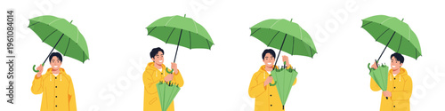 Person with umbrella and raincoat in rainy weather