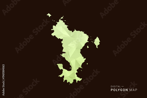 Mayotte Map - Low poly polygon map in soft light green gradient on dark brown background, modern minimal geometric style, clean abstract vector illustration design.