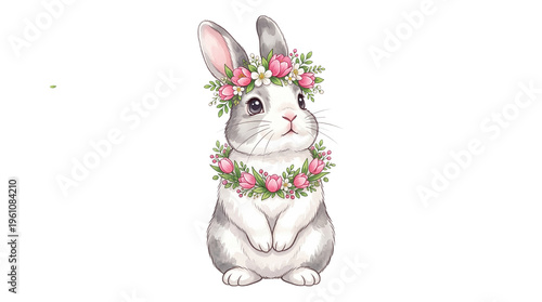 Cute rabbit, floral wreath, Easter bunny, spring animal isolated PNG with Transparent Background