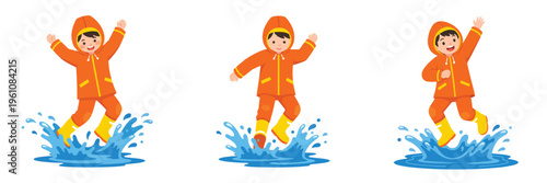 Child jumping in puddles with joyful expression