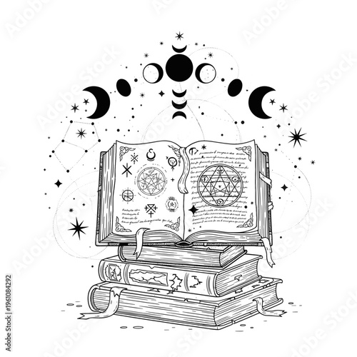 Magic Mystical Open Book with Ancient Symbols Surrounded by Celestial Moon Phases Stars and Constellations