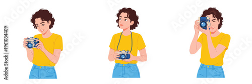Woman taking photos with vintage camera