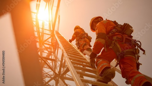 Workers with overhead anchors climbing corrugated roof frame under intense sunlight, reflective PPE emphasizing safety and diligence