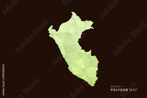 Peru Map - Low poly polygon map in soft light green gradient on dark brown background, modern minimal geometric style, clean abstract vector illustration design.