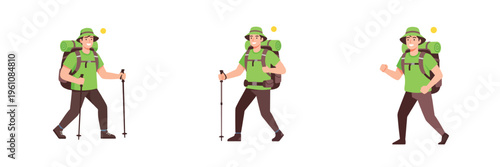 Hiker with trekking poles in three poses