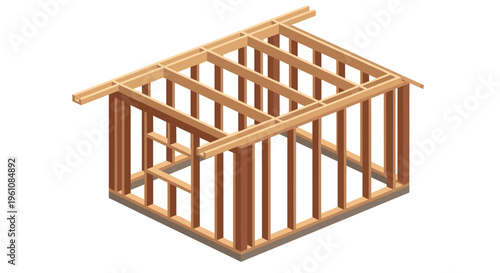 Isometric 3D Illustration of a Wooden House Frame Structure on a Concrete Foundation - Residential Construction and Architecture Concept